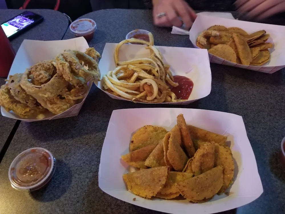 Mini Tacos Curly Fries and Onion Rings